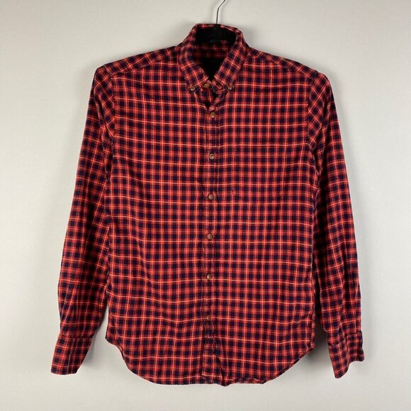 J Crew Shirt Mens Small Slim Fit Button Down Shirt Red Navy Blue Plaid - Picture 1 of 9